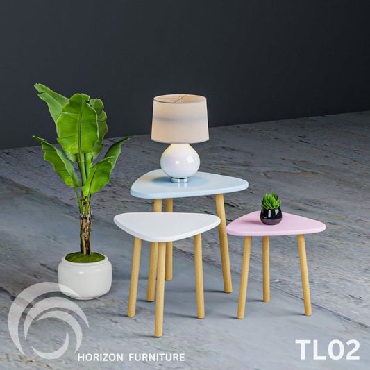 TL02 - tables set of 3 in classic white & pink and baby blue